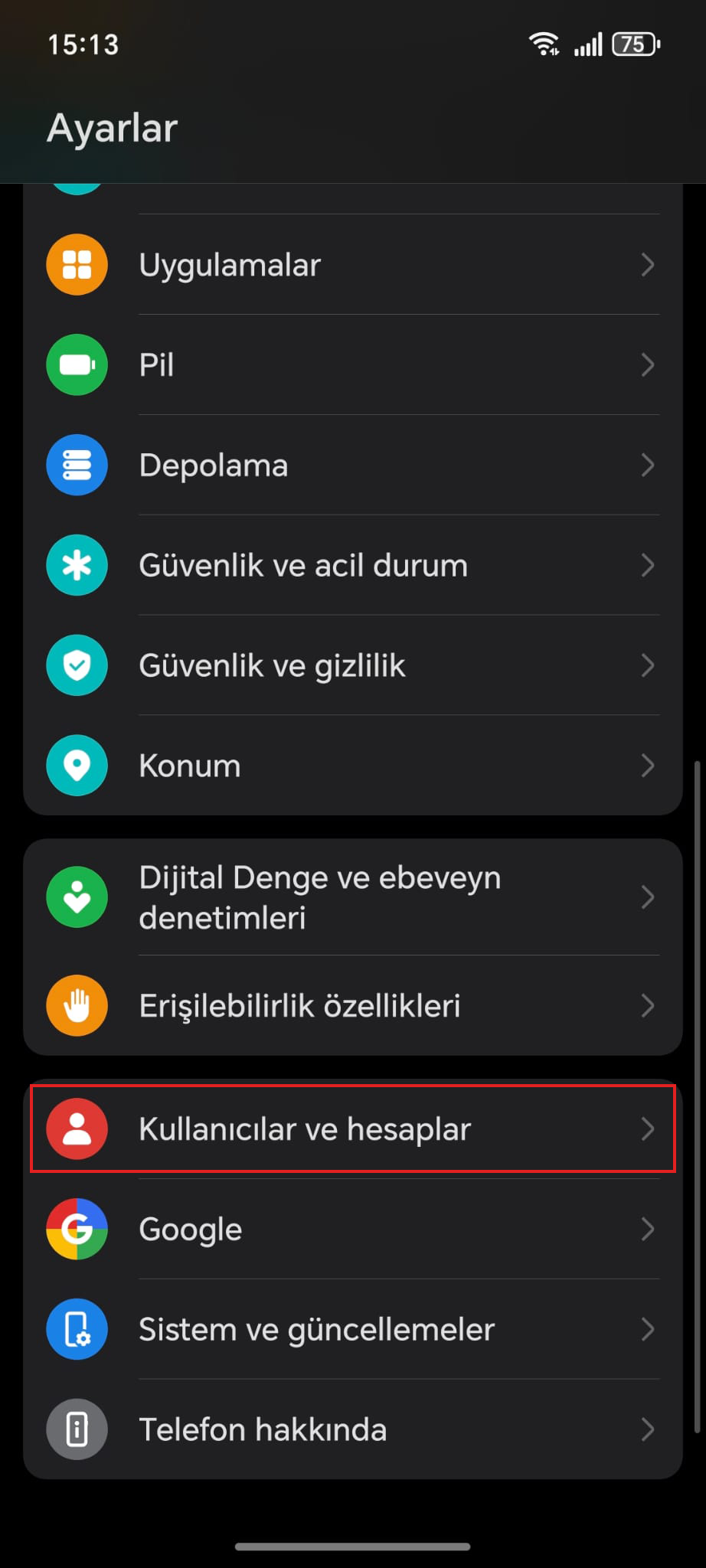 Android Hesaplar Menüsü