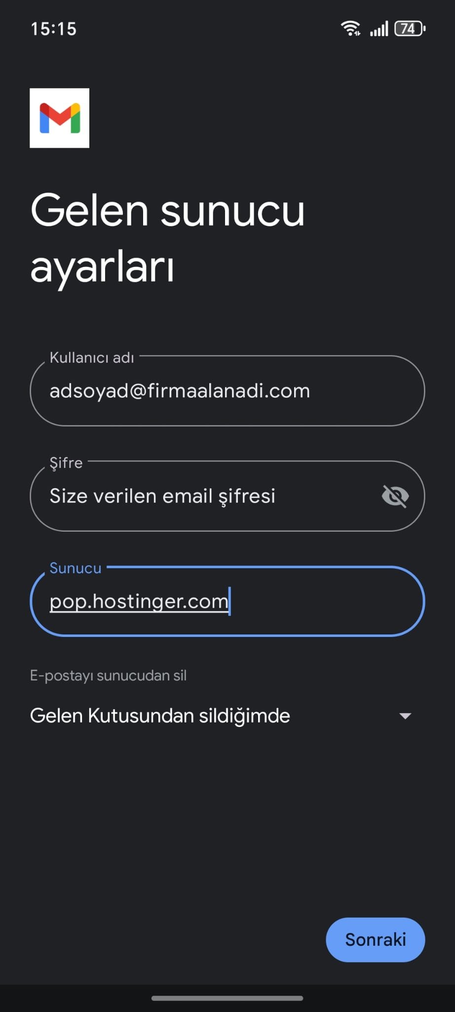 Android Gelen Sunucu Ayarları