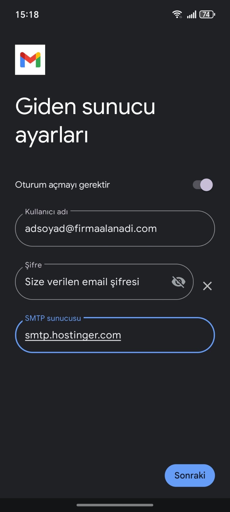 Android Giden Sunucu Ayarları