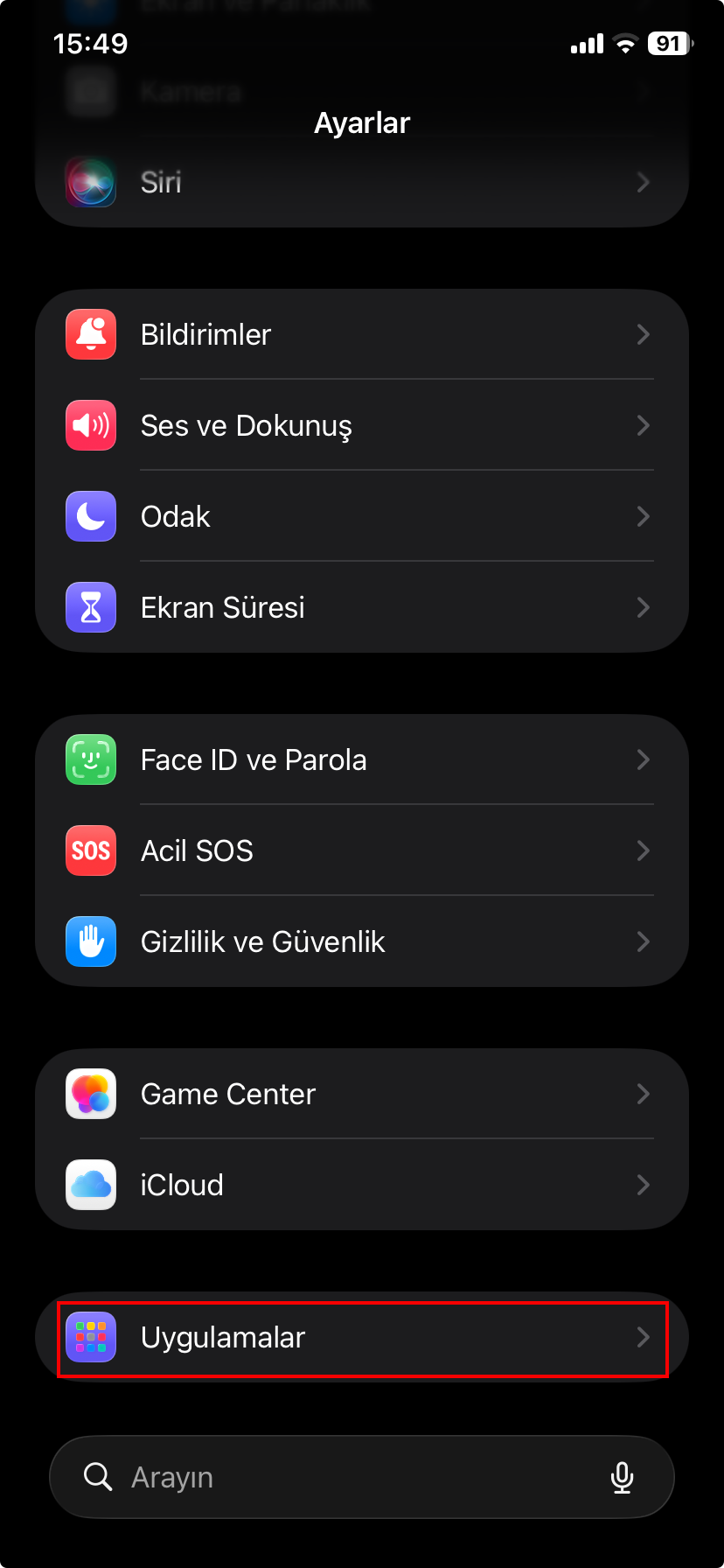 iOS Ayarlar Ekranı