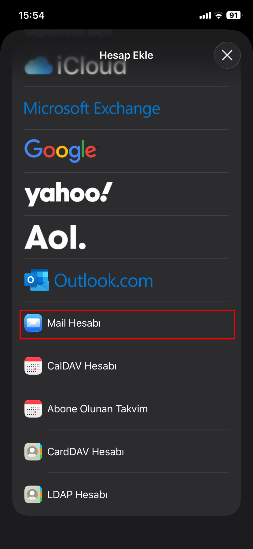 iOS Email Hesabı Seçeneği