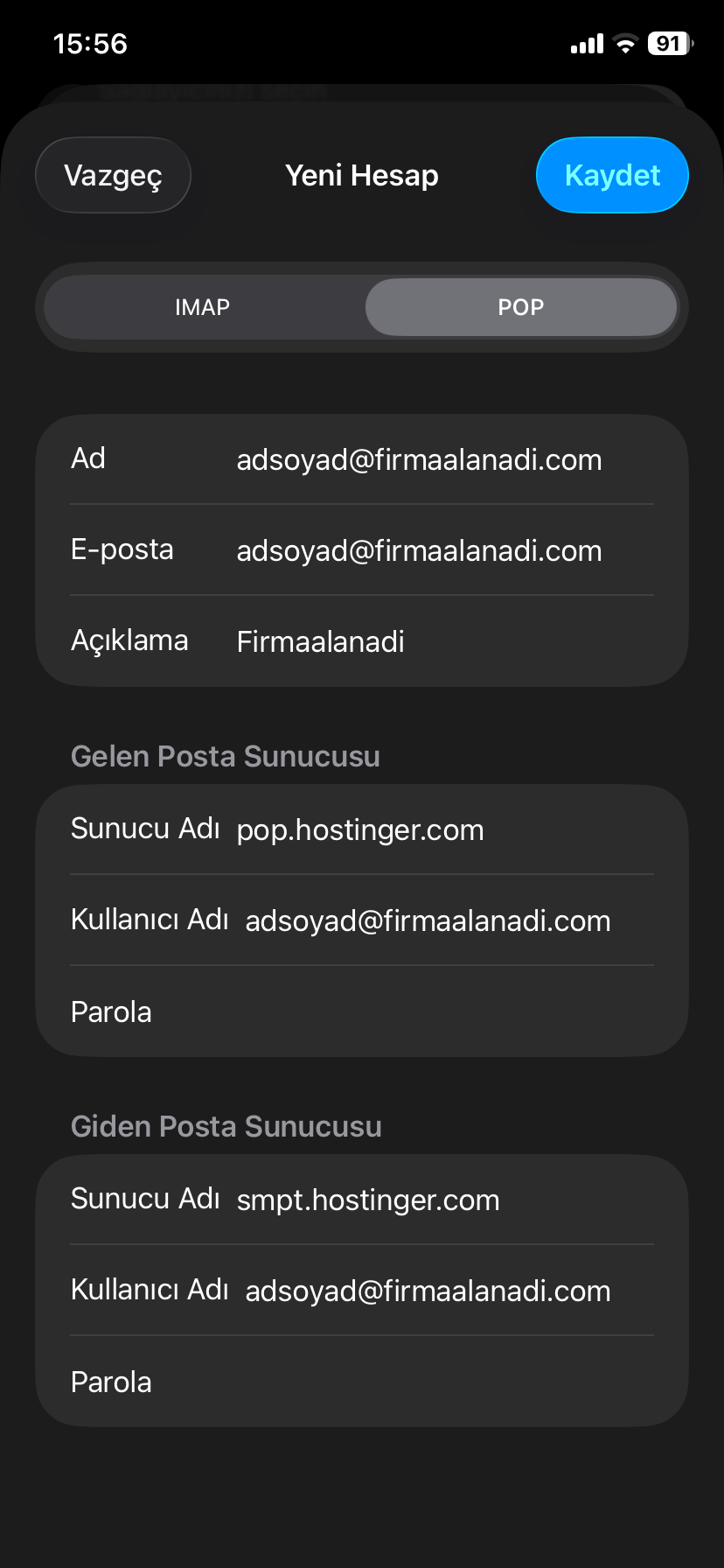 iOS Gelen ve Giden Sunucu Ayarları